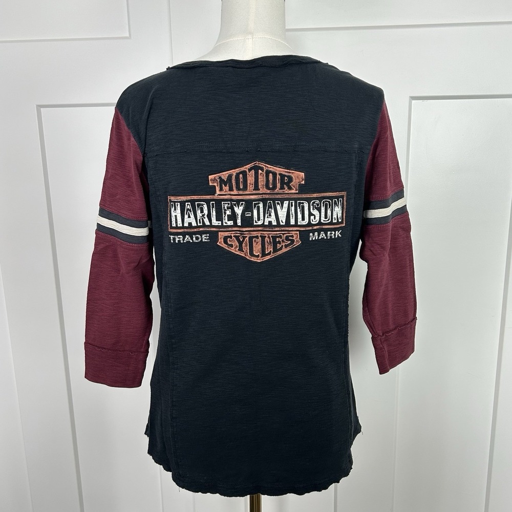 Harley-Davidson Women's Lace-Up Knit Logo Top Black Burgundy Scoop Neck LARGE - Picture 4 of 10